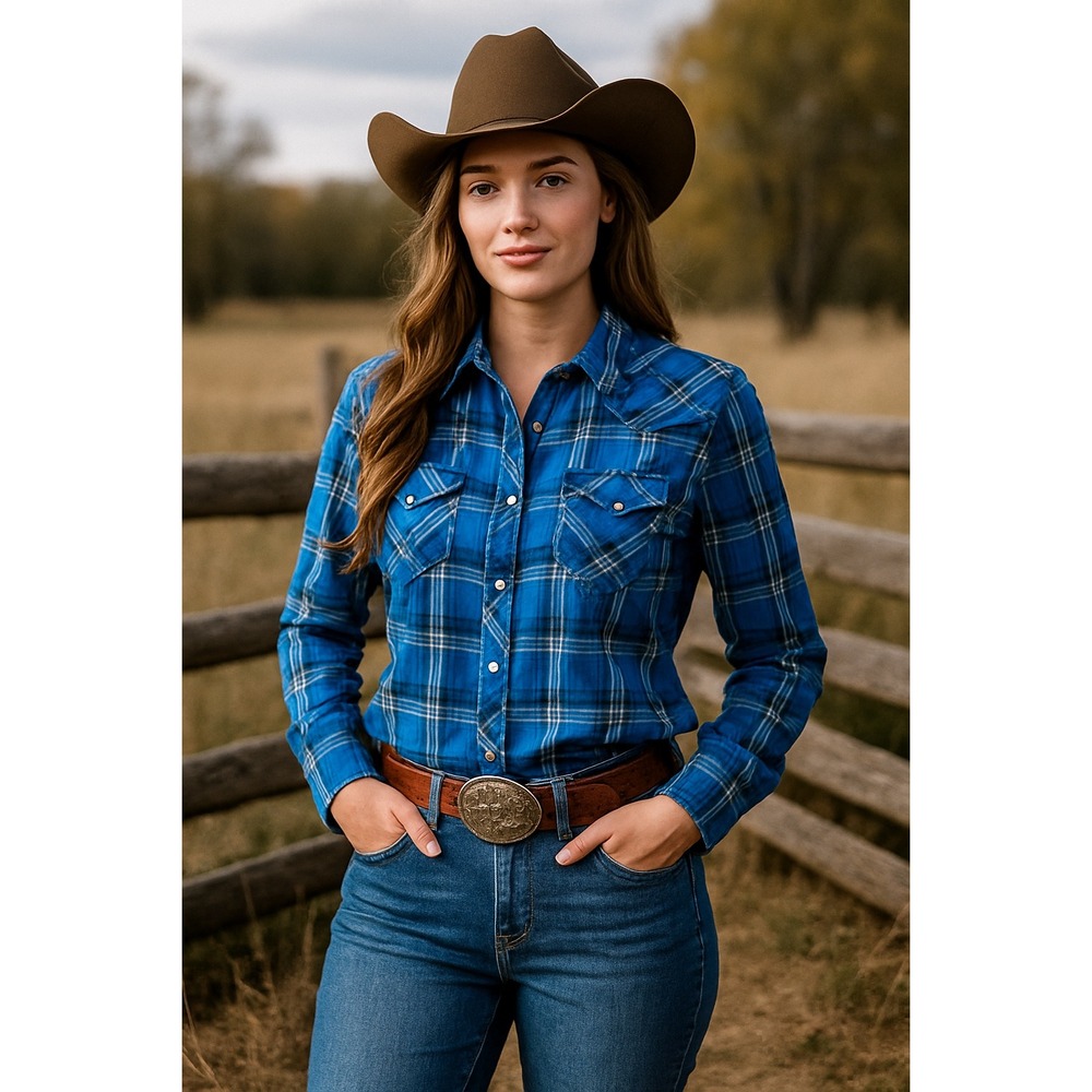 Panhandle Slim‎ Blue Plaid Western Shirt with Snap Buttons & Pointed Yoke, XL